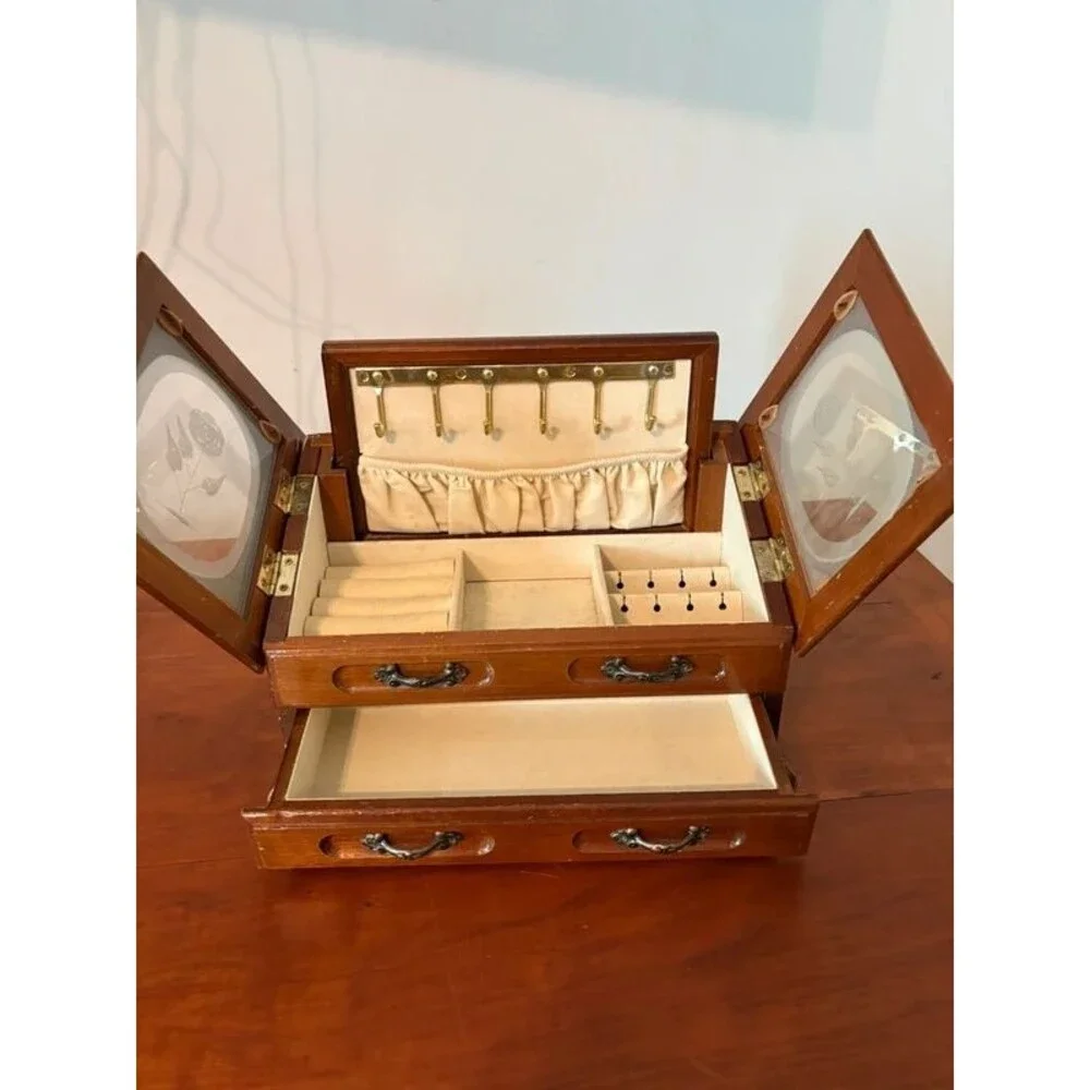 Vintage Wood Jewelry Box Double Etched Glass Rose Lids